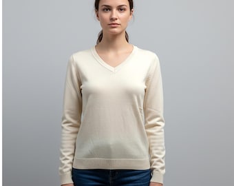 Schlichter, minimalistischer V-Ausschnitt-Pullover aus Wolle und Kaschmir, hergestellt in Italien, handgefertigte Strickware.
