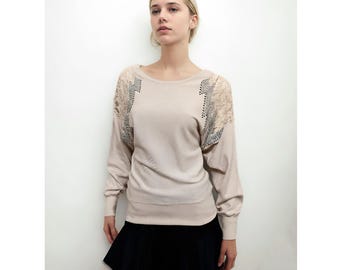 Chic sweater for women, Women's chiffon sweater with rhinestones, jumper handmade in Italy.