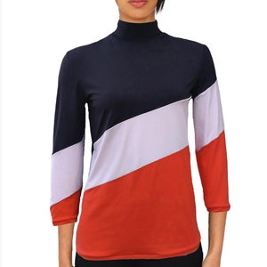 Turtleneck Shirt, high neck shirt stylish long sleeve, women's patterned mock neck T-shirt, colorful top made in Italy.