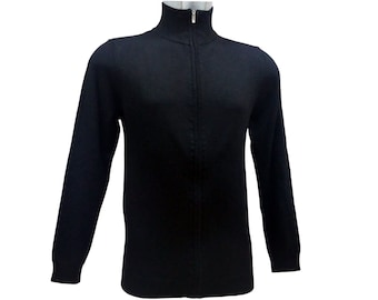 Cardigan Uomo Lana e Cachemire con Cerniera, Maglia Dolcevita Nera a Collo Alto, Giacca in Maglia Artigianale, Made in Italy