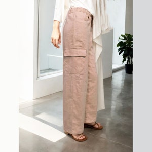 Linen Cargo Pants with Side Pockets Handmade in Italy, Comfortable Linen Trousers in various colors.