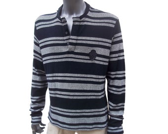 Gianfranco Ferrè - Mens polo sweater, Grey and black striped cotton sweater size L for men.