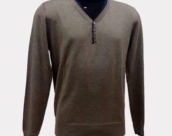 Men's Wool Sweater Long Sleeve V-Neck, Winter Pullover Made in Italy.