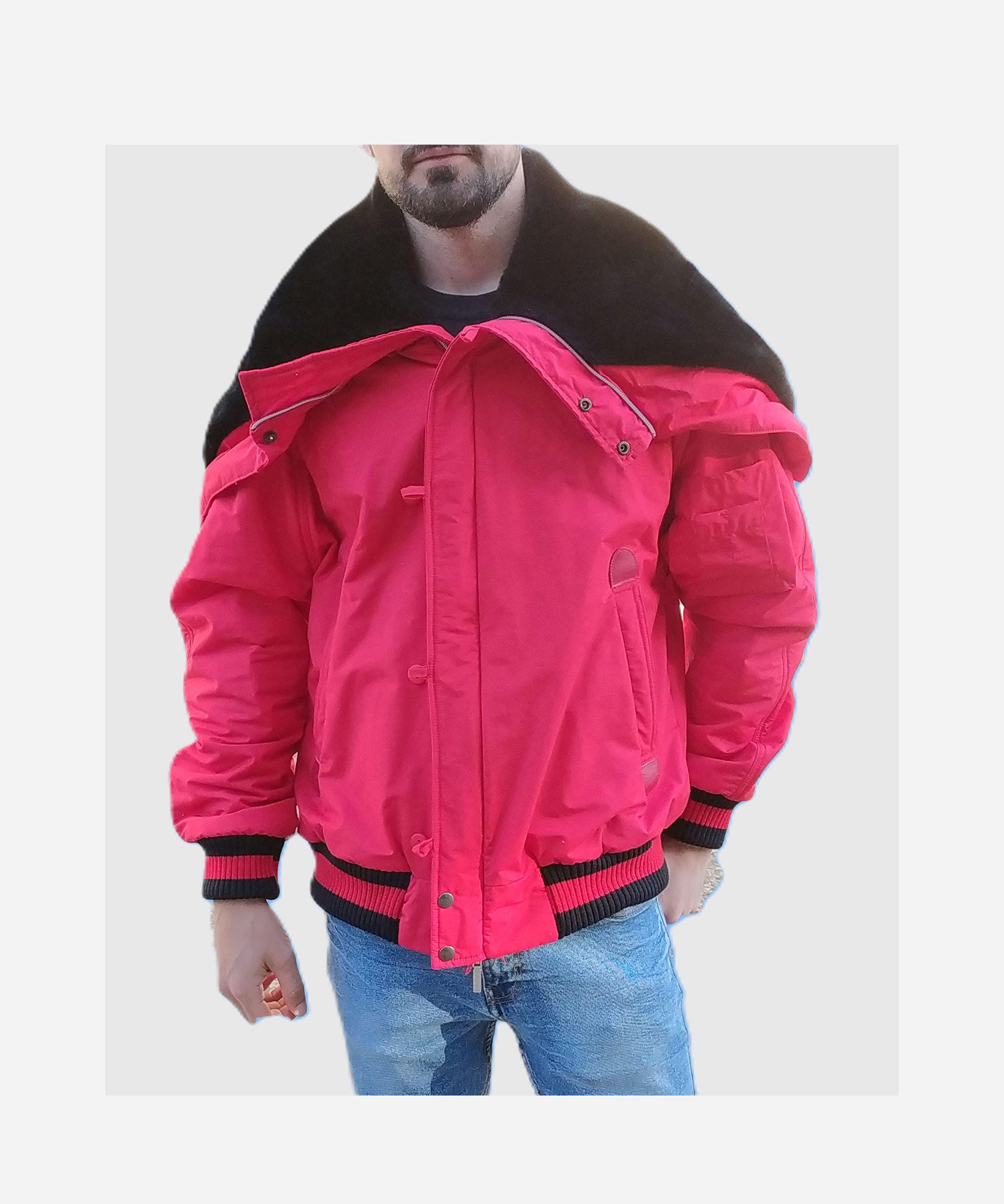Red bomber jacket with fur hood best sale