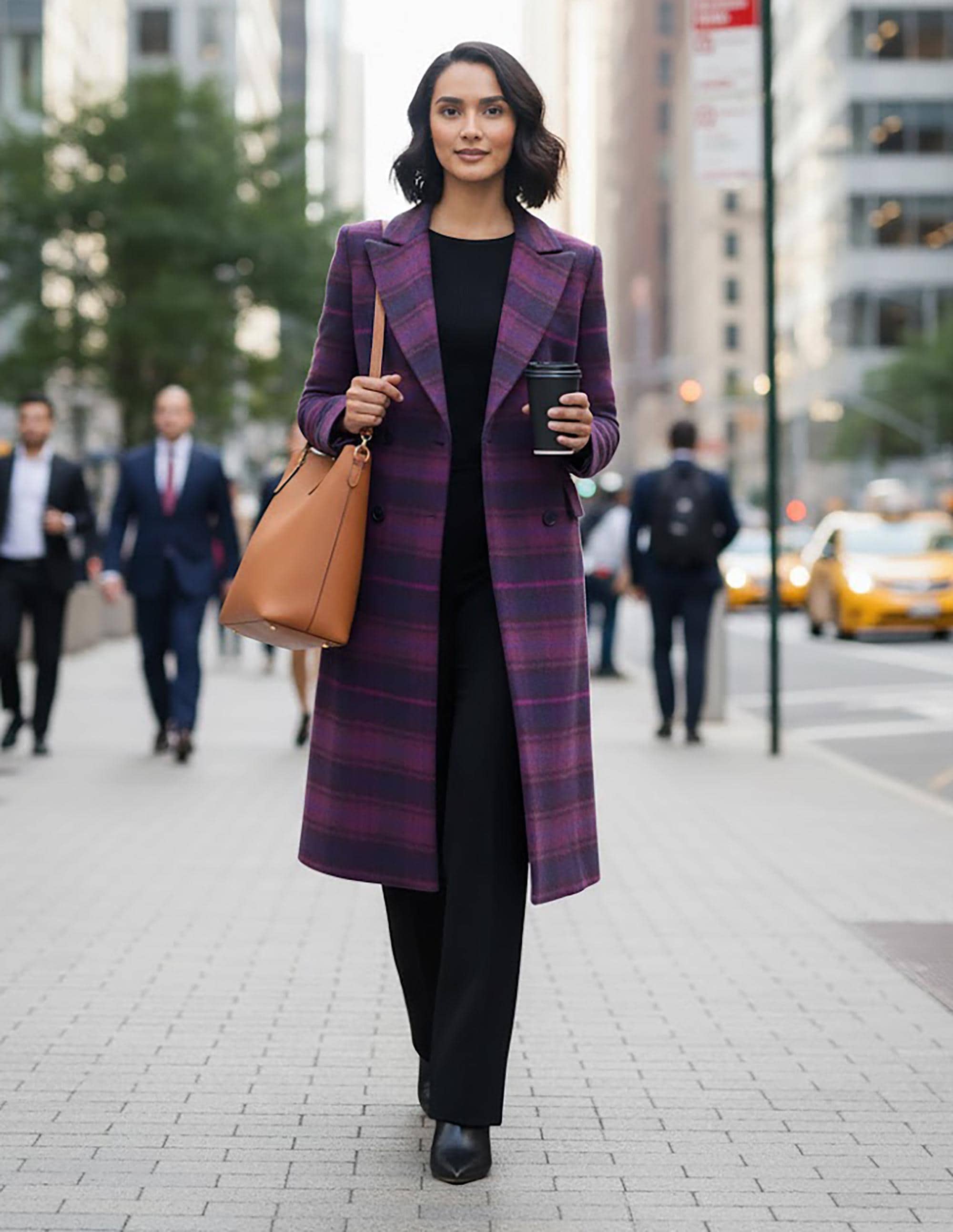 Women's Purple and Grey Plaid Wool Coat | Elegant Checked Trench