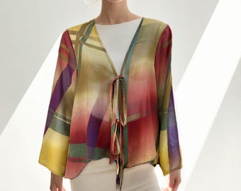 Korte kimono met lange mouwen, doorschijnende chiffon duster, elegante boho lichtgewicht ochtendjas