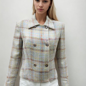 Double Breasted Boucle Tweed Plaid Jacket: Silk, Viscose, Cotton, Mother of Pearl Buttons - Elegant Jacket