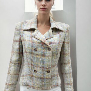 Tweed jacket, Boucle jacket, Plaid jacket, Silk jacket, Elegant double breasted spring jacket in fine fabric.