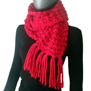 Long red woolen braided scarf, handmade in Italy.