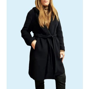 Made in Italy black oversized hooded and belted wool coat, custom long coat, hand sewn plus size coat
