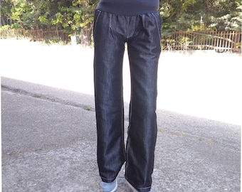 Maternity denim pants with elastic belt, Womens jeans with basque, high waist denim pants, handmade pants made in Italy,