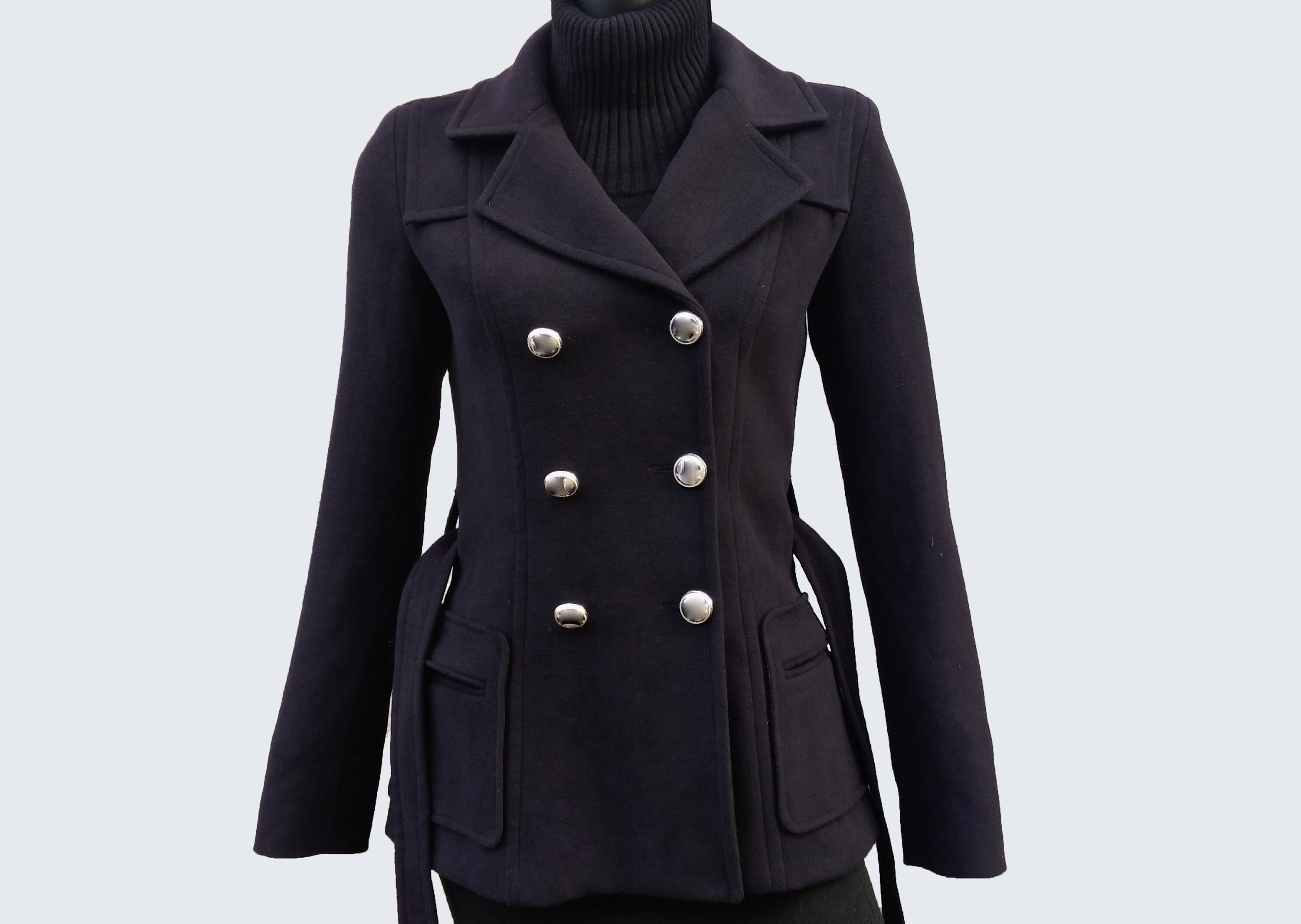 Women's Double Breasted Tailored Wool Black Coat
