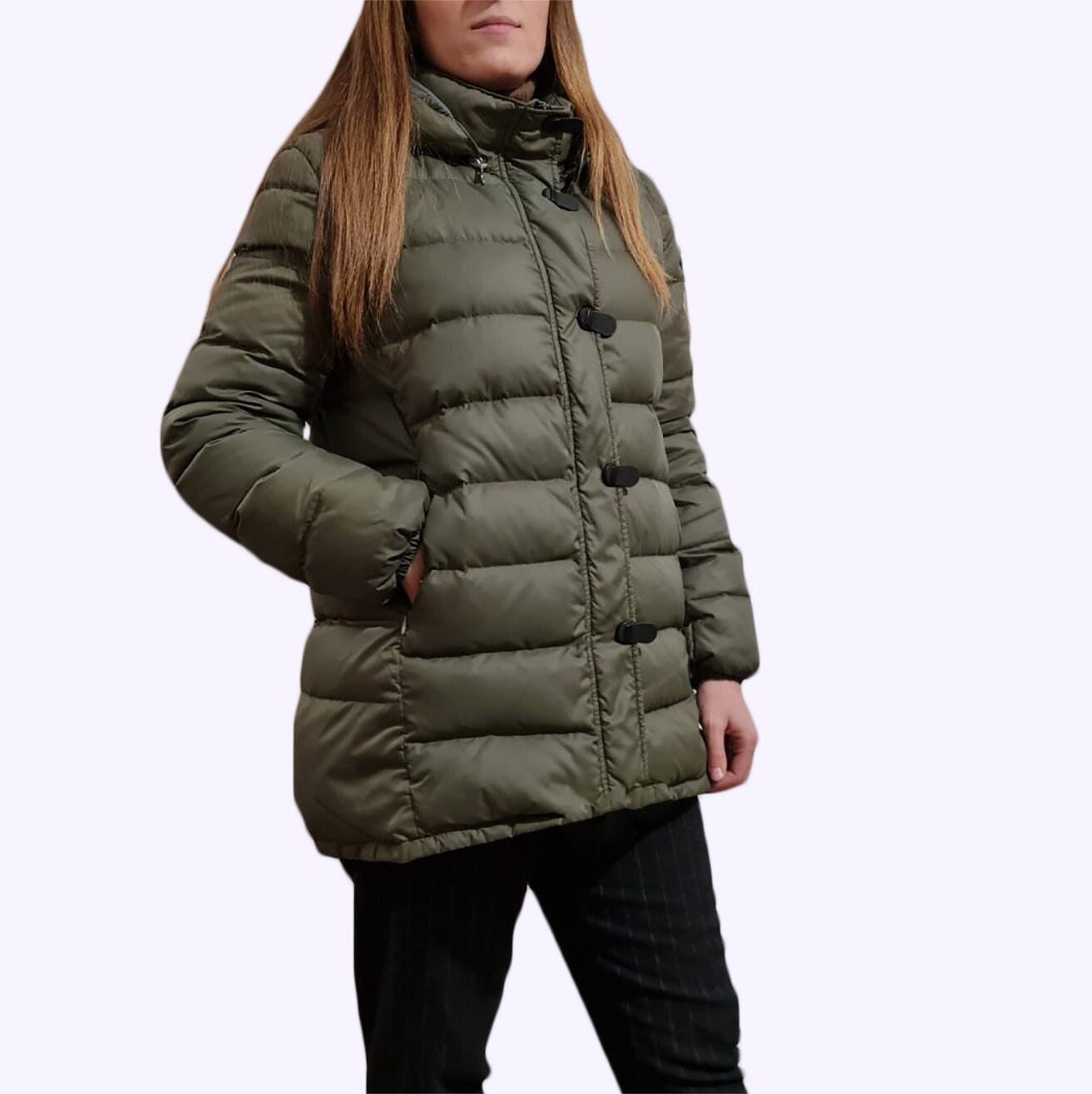 Women's Military Green Goose Down Jacket with Detachable Hood, Puffer Jacket Made in Italy, Plus Size Jackets