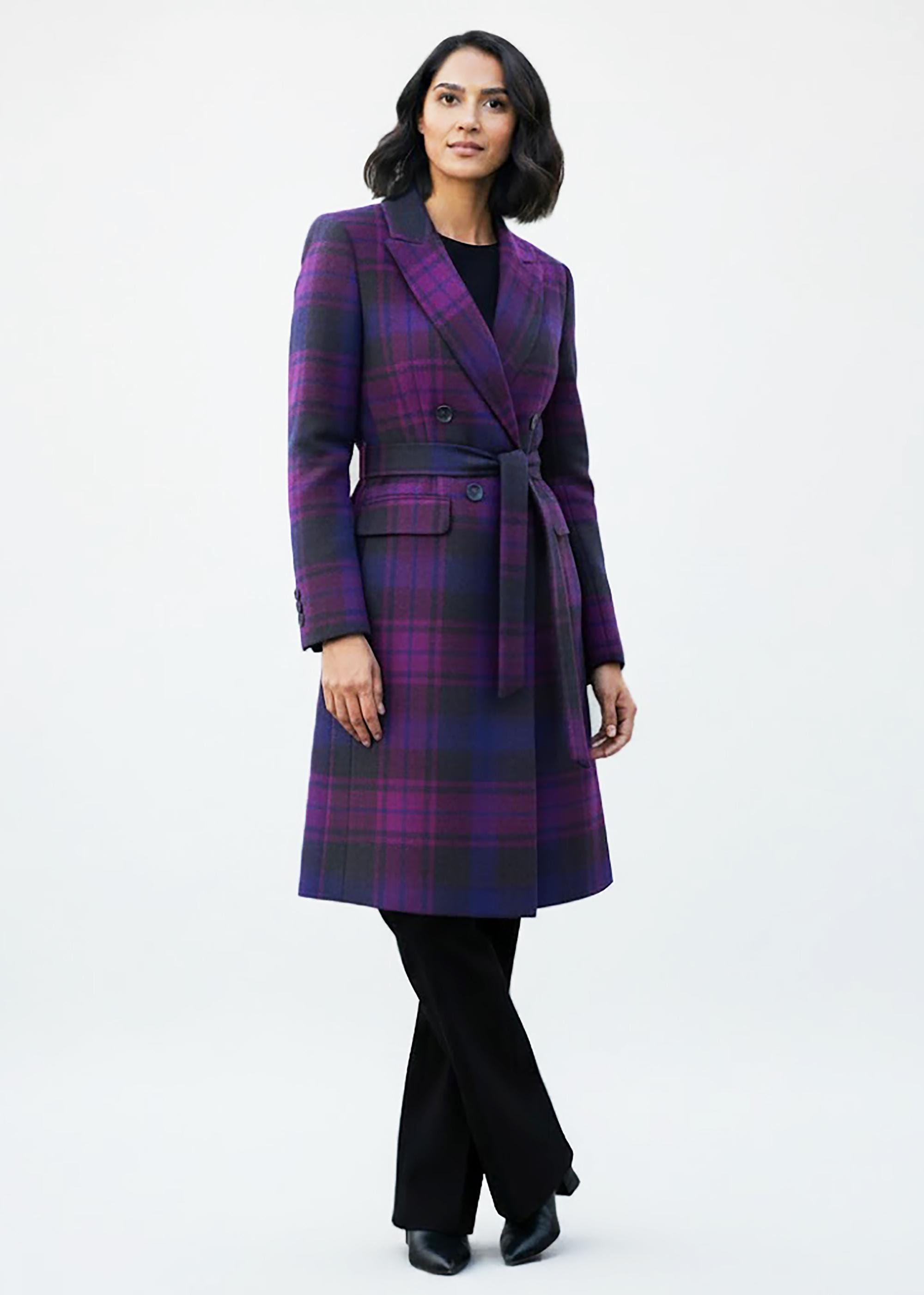 Women's Purple and Grey Plaid Wool Coat | Elegant Checked Trench