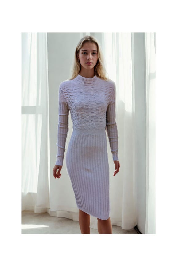 Cashmere and Wool Knit Dress Made in Italy with Mandarin Collar, Sustainable Womens Fashion