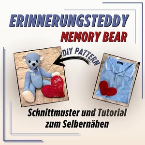 Könnte beinhalten: Ein blauer Teddybär mit einem roten Herzen, ein blaues Poloshirt mit einem roten Herzen und der Text "Erinnerungstteddy Memory Bear DIY Pattern Schnittmuster und Tutorial zum Selbernähen".