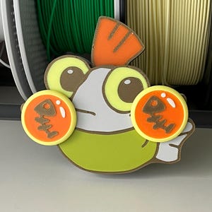 May include: A colorful, cartoon-style fish-shaped object with a green body, white face, and yellow eyes. It has orange accents, including a fin and two circular side pieces with a fishbone design. The object is likely a decorative item or a toy.