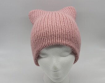 Handgemaakt, kattenoor, muts, winter, beanie, volwassene, blosroze, mosterd, lavendel, mosterdombre, breimachine, gebreid