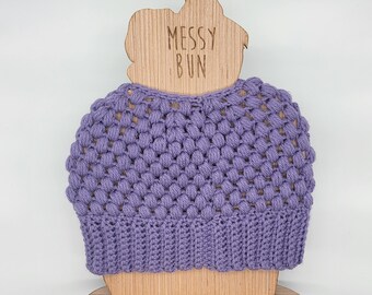 Gehaakte beanie met rommelige knot, muts, handgemaakt, winter, Claire Bun muts, muts, muts, meisjes, kinderen, paars, roze, blauw