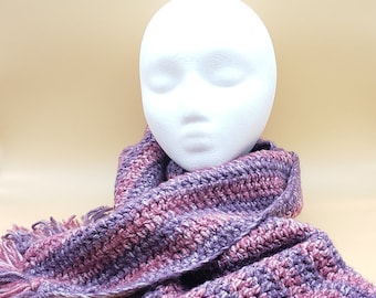 Gehaakte damessjaal, meisjessjaal, handgemaakt, roze, paars, kleding, franje