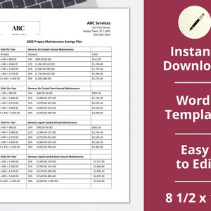 May include: A printable Word template for a 2022 Prepay Maintenance Savings Plan. The document includes a table with different maintenance plans for air-cooled and liquid-cooled generators, with varying discounts based on the number of visits per year. The document is 8 1/2 x 11 inches.