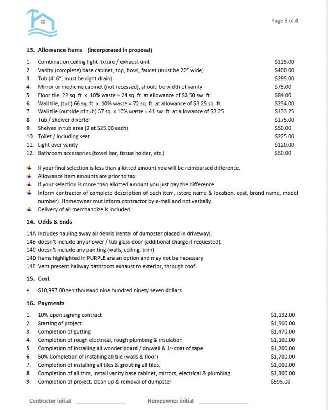 Bathroom Renovation contract Proposal estimate template Construction Etsy