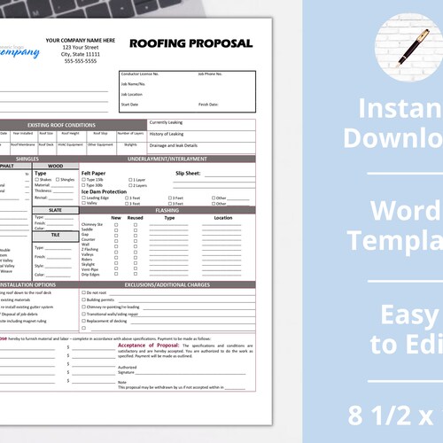 Roof estimate roofing Installation Contract proposal Etsy