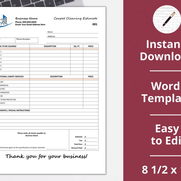 Carpet Cleaning Estimate ︱Invoice ︱ Proposal ︱Instant Download ︱Edit in Word