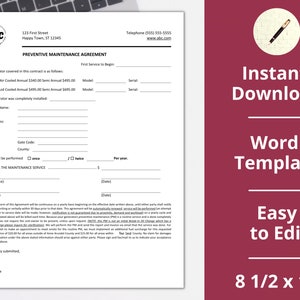 May include: A white document titled "PREVENTIVE MAINTENANCE AGREEMENT" with fillable fields. The document includes sections for customer information and service details. The document is 8 1/2 x 11 inches.
