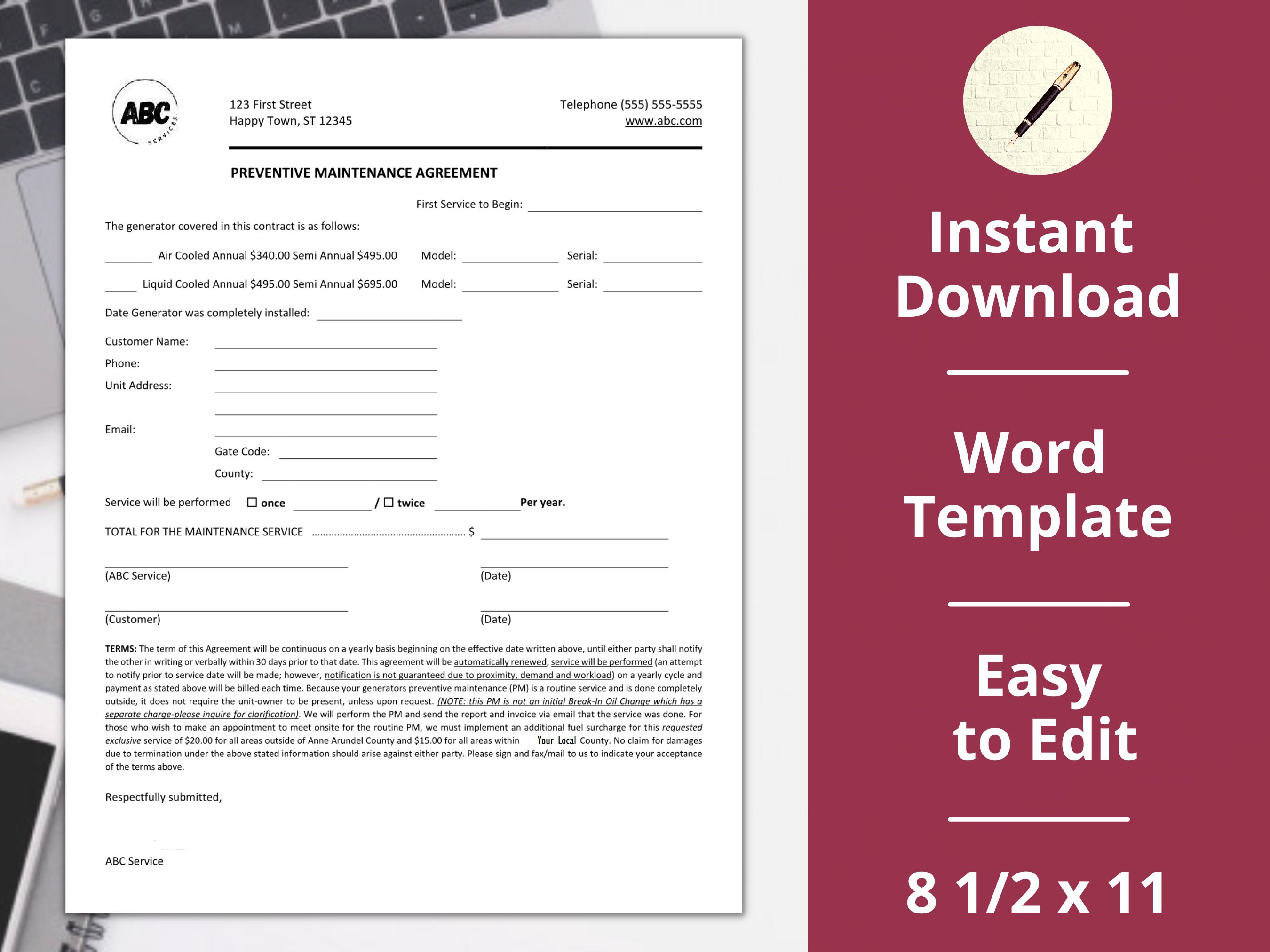 Generator Preventative Maintenance Payment Agreement ︱ Easy to Edit ...