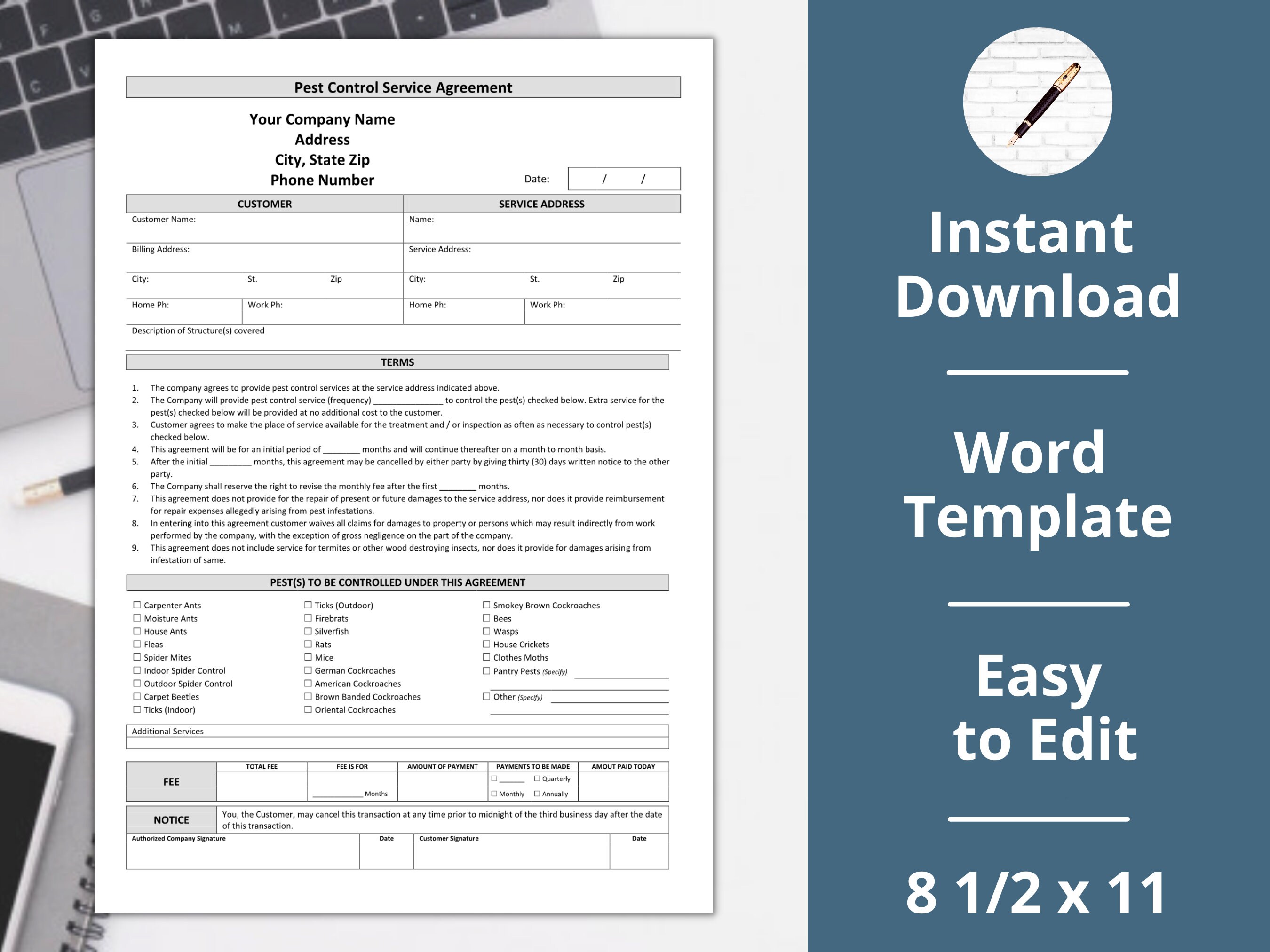 Exterminator Agreement invoice estimate contract pest Control Etsy