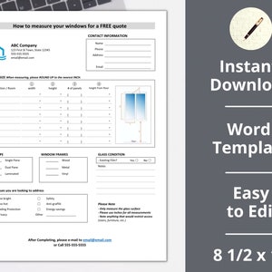 Pode incluir: Um formulário de medição de janelas imprimível para obter um orçamento gratuito. O formulário inclui seções para informações de contato, tamanho da janela, tipo de vidro, molduras de janela, condição do vidro e quais problemas você está procurando resolver. O formulário mede 8 1/2 x 11 polegadas.