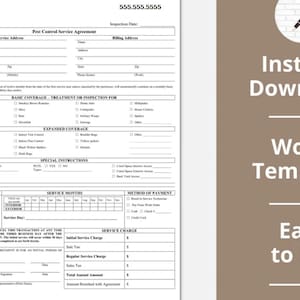 Może przedstawiać: Czarno-biały, drukowalny formularz umowy na usługi kontroli szkodników z tytułem "ABC Pest Control" i numerem telefonu 555.555.5555. Formularz zawiera sekcje dotyczące informacji o kliencie, adresu świadczenia usług, adresu do faktury, podstawowego zakresu usług, rozszerzonego zakresu usług, specjalnych instrukcji, częstotliwości świadczenia usług, miesięcy świadczenia usług, sposobu płatności i opłaty za usługę.