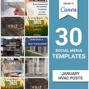 May include: A collage of 30 social media templates for HVAC businesses. The templates feature various HVAC-related topics, such as furnace maintenance, refrigerant changes, and heating emergencies. The templates are designed in a modern and professional style, with a blue and white color scheme. The text "30 Social Media Templates" and "January HVAC Posts" is displayed on the collage.