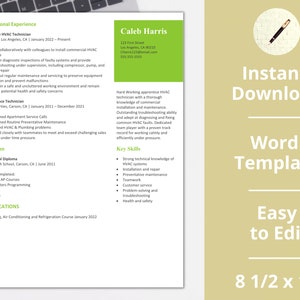 HVAC Resume ︱ Template ︱ Instant Download︱ HVAC Technician ︱Resume ︱ Job Search︱ Microsoft Word