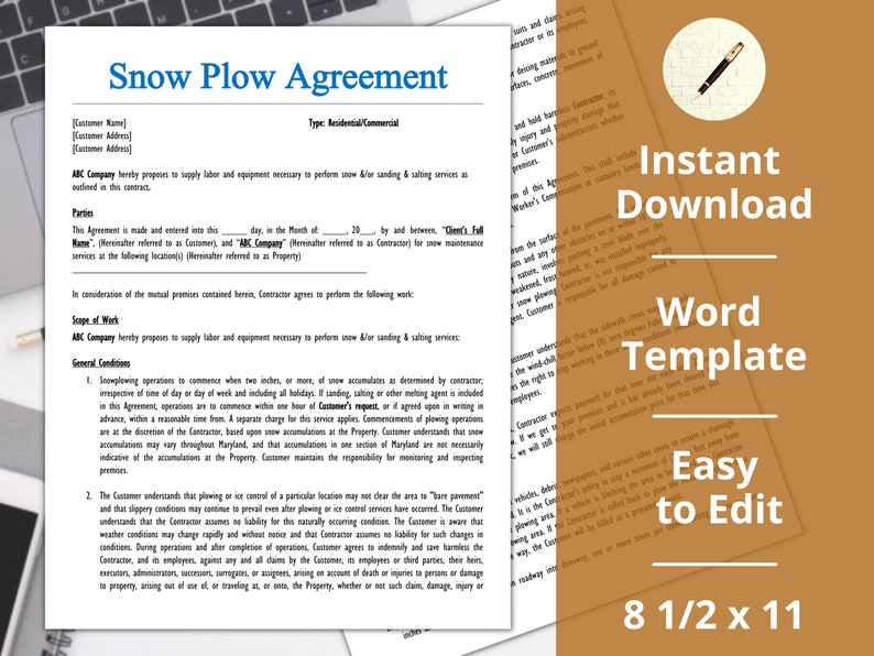 Snow Removal Agreement Template invoice proposal estimate Contract Etsy