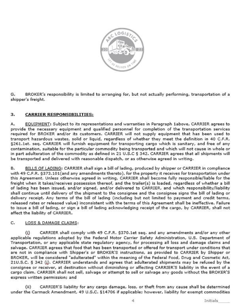Brokercarrier Agreement contract instant Download template Etsy