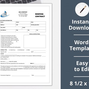 Op de afbeelding: Een zwart-witte dakcontracttemplate in Word-documentformaat. De sjabloon bevat secties voor klantgegevens, speciale instructies, dakpan type, kleur, garantie en prijs. Het document is 8 1/2 bij 11 inch.