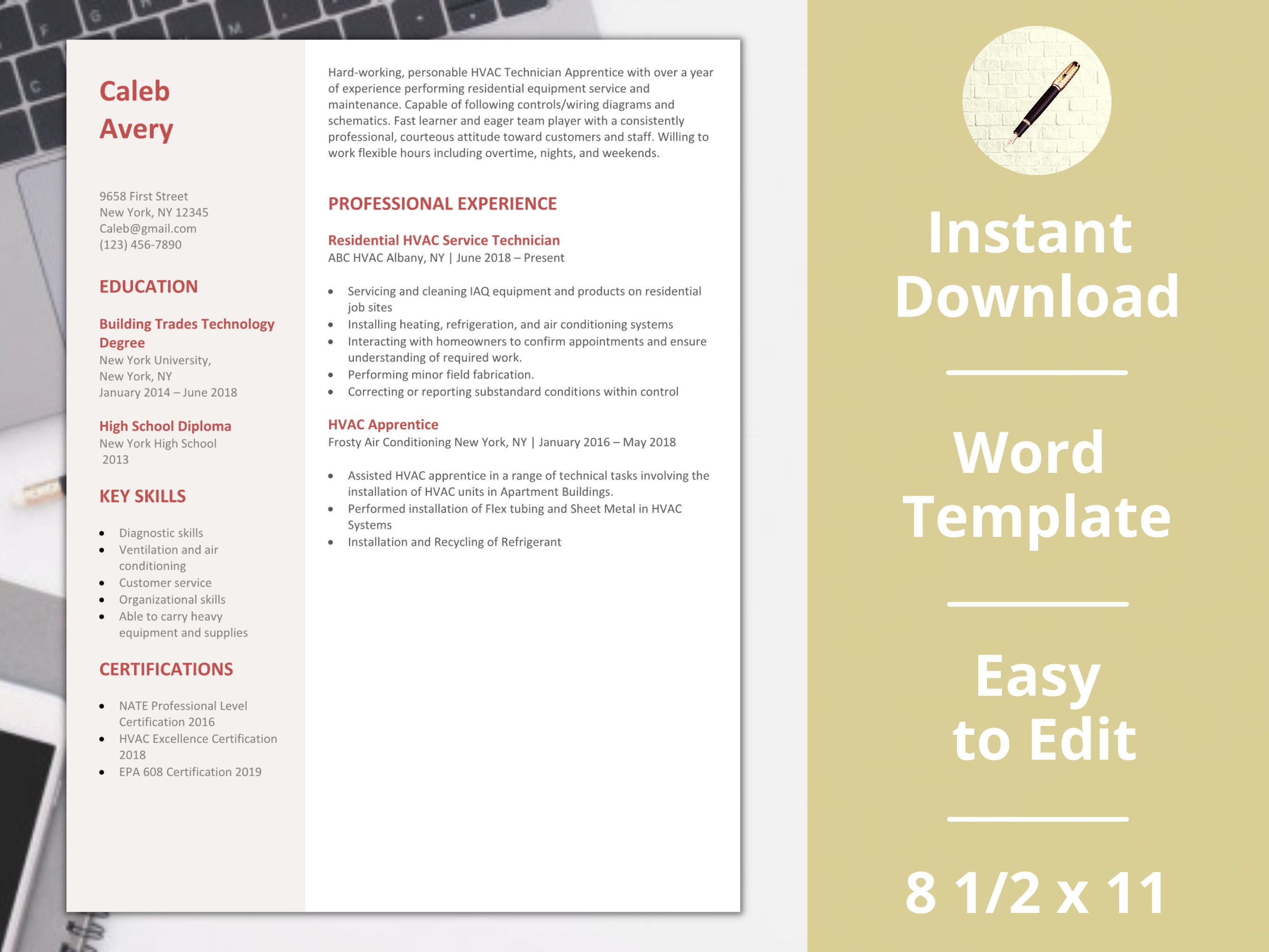 HVAC Resume ︱ Template ︱ Instant Download︱ HVAC Technician - Main Image