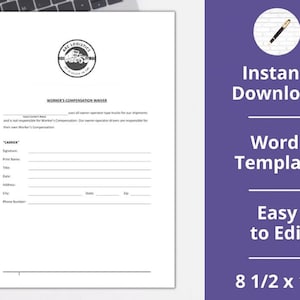 May include: A black and white logo for LEC Logistics with the text "LEC Logistics" and "We Deliver In We" in a circle. A white document with the title "Worker's Compensation Waiver" and a form for a carrier to sign. The document is 8 1/2 by 11 inches.