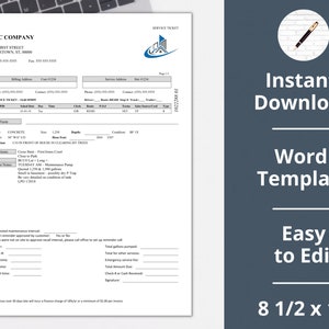 May include: A service ticket template for a company called ABC Company. The template includes sections for billing address, service address, service ticket, task type, location, map, drive notes, and suggested maintenance interval. The template is designed for 8 1/2 x 11 inch paper.