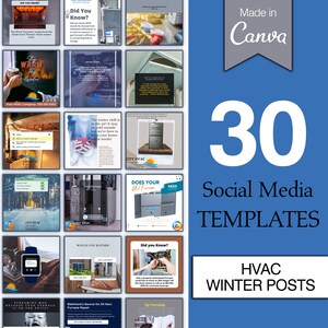 May include: A collection of 30 social media templates for HVAC businesses. The templates feature winter-themed designs with images of furnaces, thermostats, and other HVAC equipment. The text on the templates includes phrases like "Stay Warm", "Does Your Old Furnace Need", and "Baltimore's Source for 24 Hour Furnace Repair".