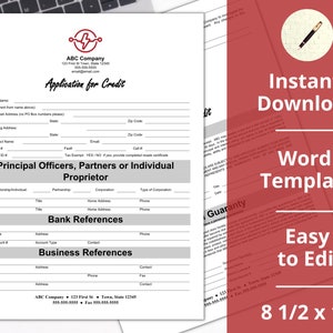 Może przedstawiać: Czarno-biały formularz wniosku kredytowego z tytułem "Application for Credit" i nazwą firmy "ABC Company". Formularz zawiera sekcje dotyczące informacji o wnioskodawcy, głównych urzędników, partnerów lub indywidualnego właściciela, referencji bankowych i referencji biznesowych. Formularz jest przeznaczony do papieru w formacie A4.
