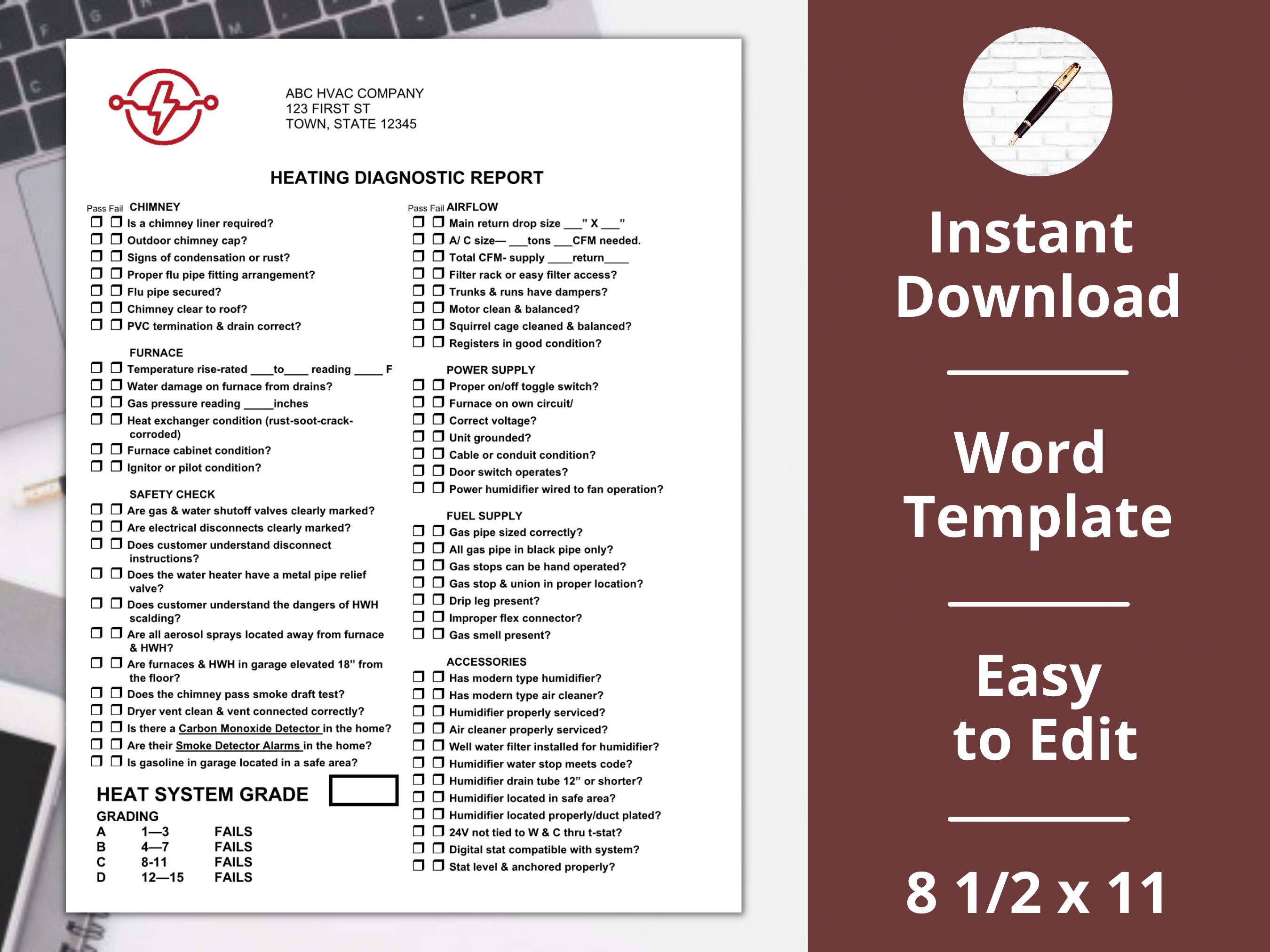 Heating Diagnostic Check List Sheet instant Download HVAC Heating furnace Report Etsy