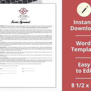 May include: A printable Word template for a service agreement. The document includes sections for services rendered, waste material, recyclable material, liability for equipment, damage to property, rate adjustments, roll-off container service, returner check policy, and authorized signatures. The template is 8 1/2 by 11 inches.