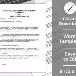 Puede incluir: Un documento titulado "Limited Liability Company Operating Agreement" con el texto "Sample Company, LLC" y "Formed in the State of Texas". El documento es una plantilla legal para formar una sociedad de responsabilidad limitada en Texas. El documento está disponible para descarga instantánea como una plantilla de Word que es fácil de editar.