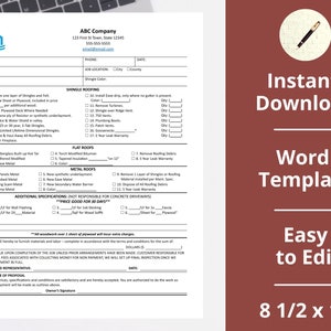 Op de afbeelding: Een afdrukbare dakbegrotingssjabloon in een Word-documentformaat. De sjabloon is 8 1/2 inch bij 11 inch en bevat secties voor shingle-, platte en metalen daken. Het bevat ook een sectie voor aanvullende specificaties voor betonnen opritten.
