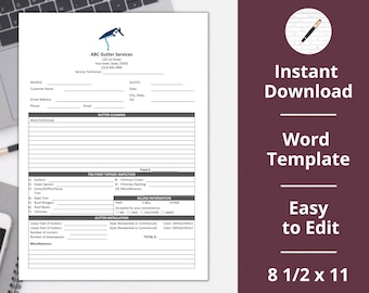 May include: A printable invoice template for gutter cleaning services. The template includes sections for customer information, work performed, a ten-point topside inspection, gutter installation, billing information, and a total amount due.