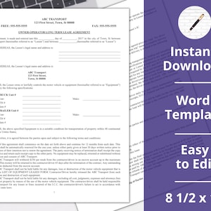 May include: A black and white legal document titled "Owner Operator Long Term Lease Agreement" with the company name "ABC Transport" and contact information. The document is for a lease agreement for a truck and trailer.