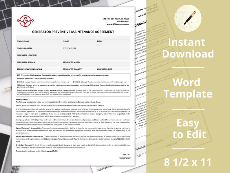 Generator Preventative Maintenance Agreement ︱ Easy to Edit ︱ Instant ...